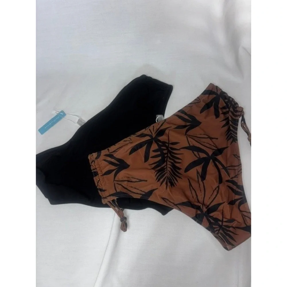 New Live Life on the Beach High Waisted Bikini Bottoms XXL Black Rust Palm 2pk